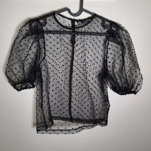 Zara Balloon Sleeve Organza Polka Dot Black Top XS